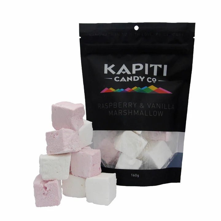 Fluffy raspberry and vanilla marshmallows, perfect for hot drinks, toasting, or gifting, in a 160g bag.