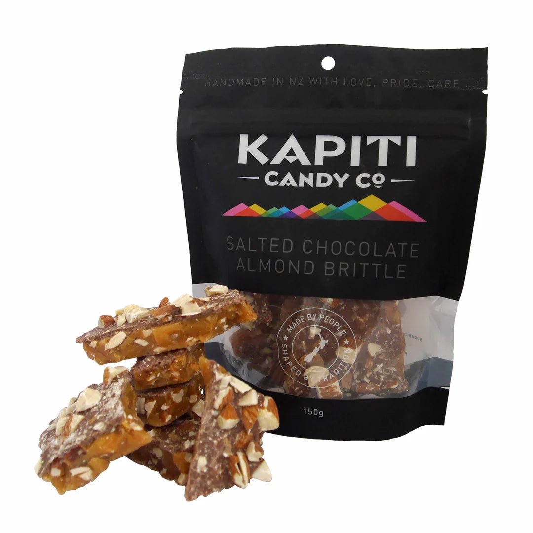 Kapiti Candy Salted Chocolate Almond Brittle in a 150g bag, featuring a blend of sweet, salty, smooth, and crunchy flavors.