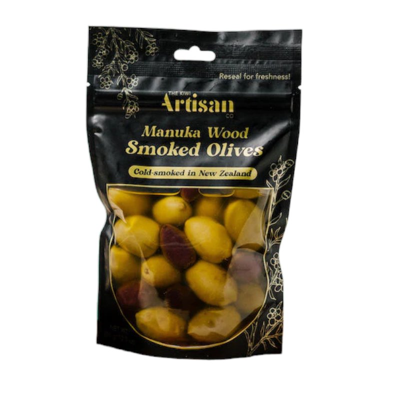 Kiwi Artisan Manuka Wood Smoked Olives in 150g packaging, featuring smoky, handcrafted olives infused with olive oil.