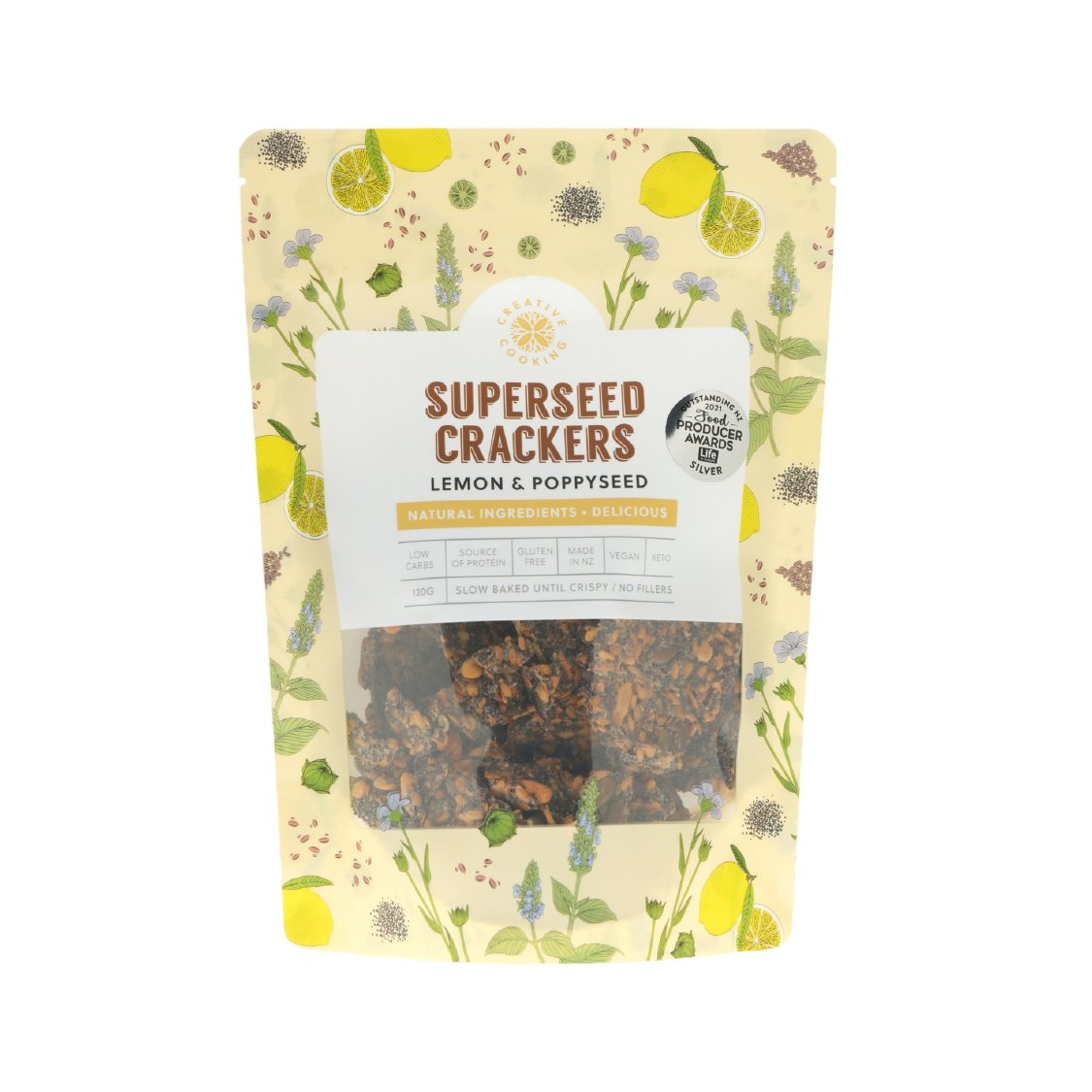 Lemon & Poppy Seed Superseed Crackers: vegan, gluten-free, nutritious snack with zesty lemon and wholesome seeds.
