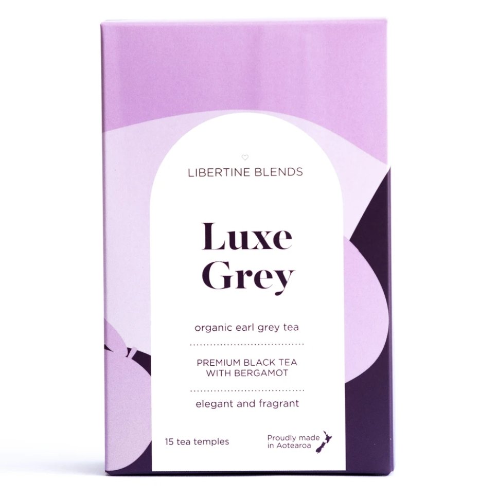 Elegant box of Libertine Blends Luxe Grey Earl Grey Tea featuring premium black tea infused with bergamot, perfect for tea lovers.