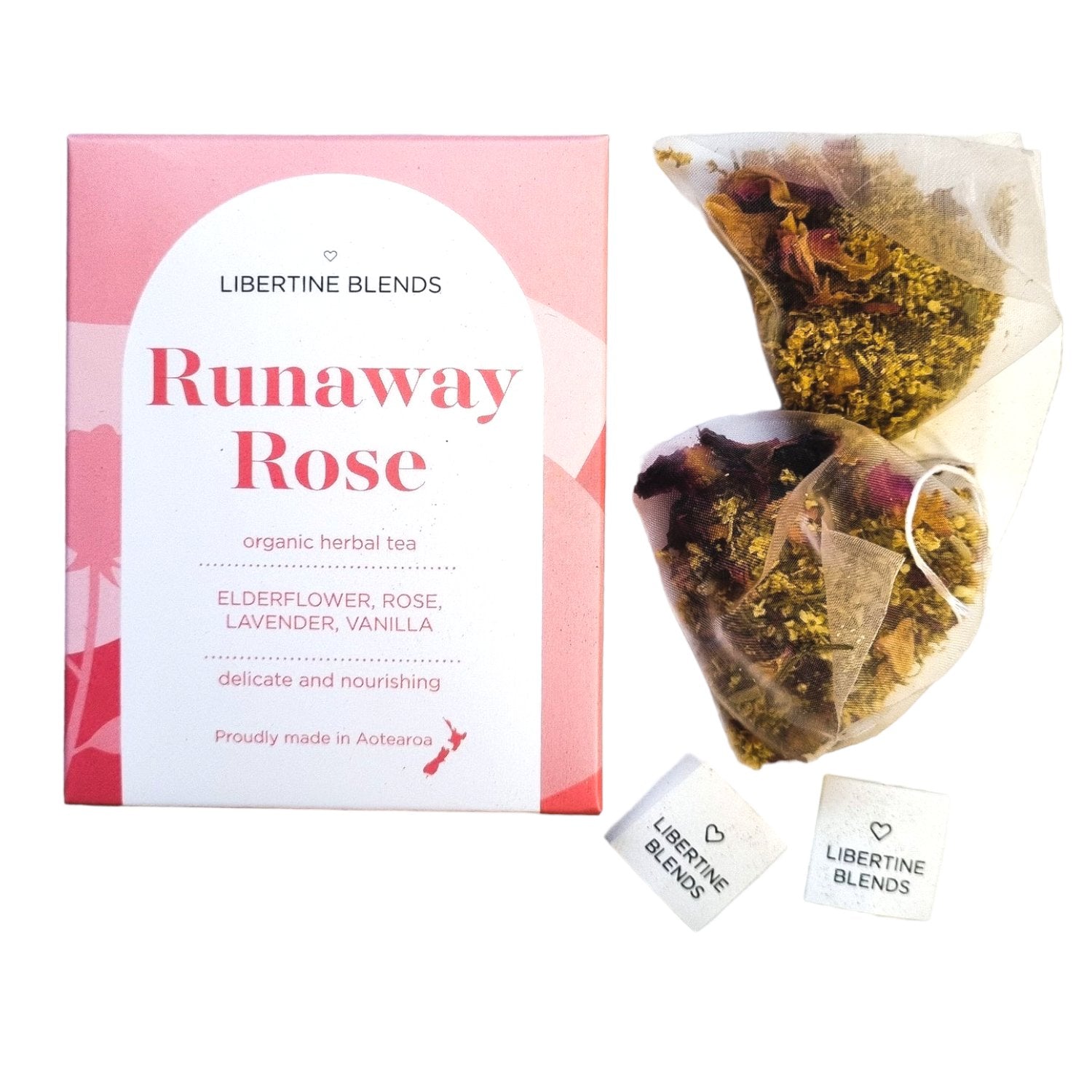 Elegant tea temples of Libertine Blends Runaway Rose Tea featuring calming rose, lavender, elderflower, and vanilla blend.