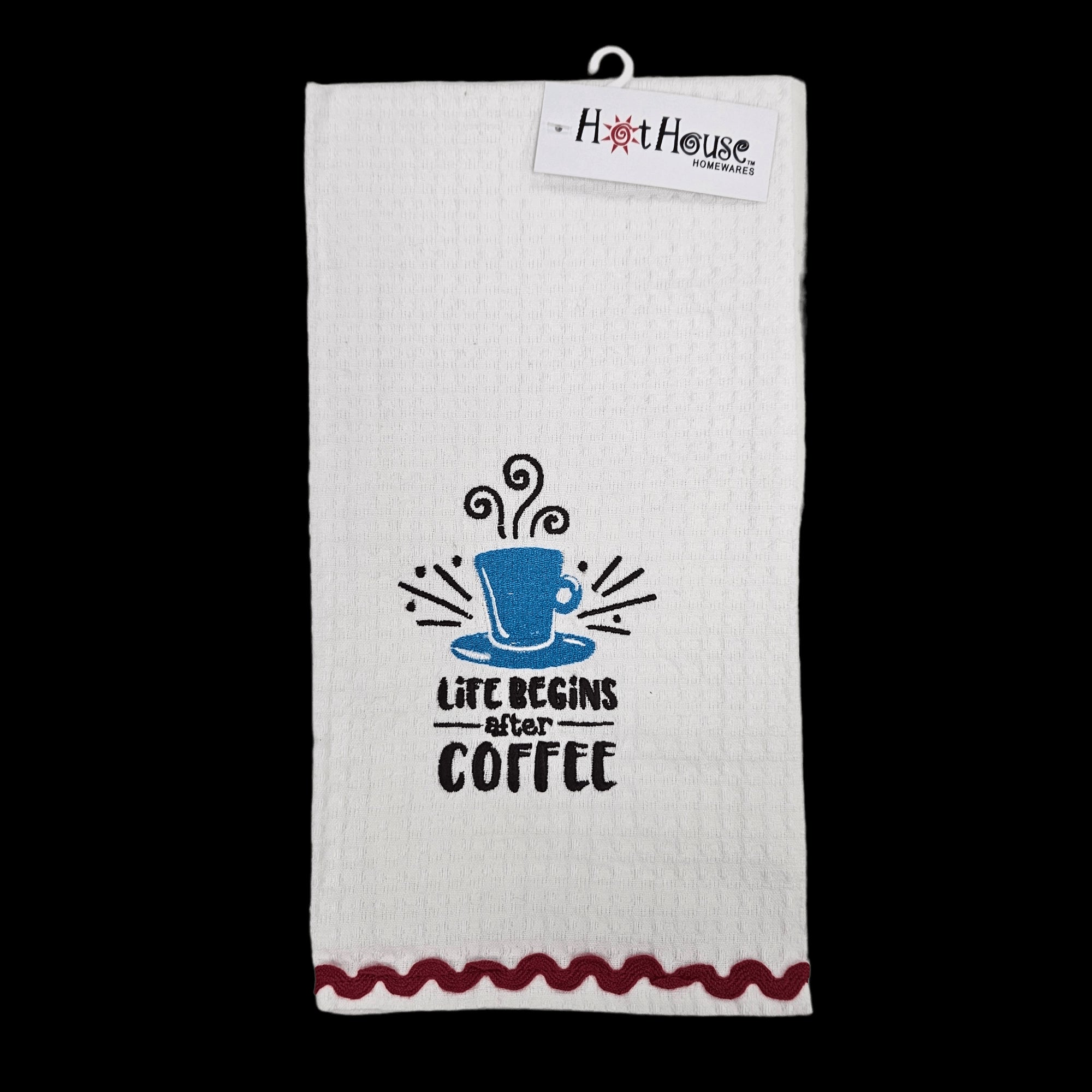 Embroidered waffle fabric tea towel with 'Life Begins After Coffee' design, ideal for coffee lovers and kitchen decor.
