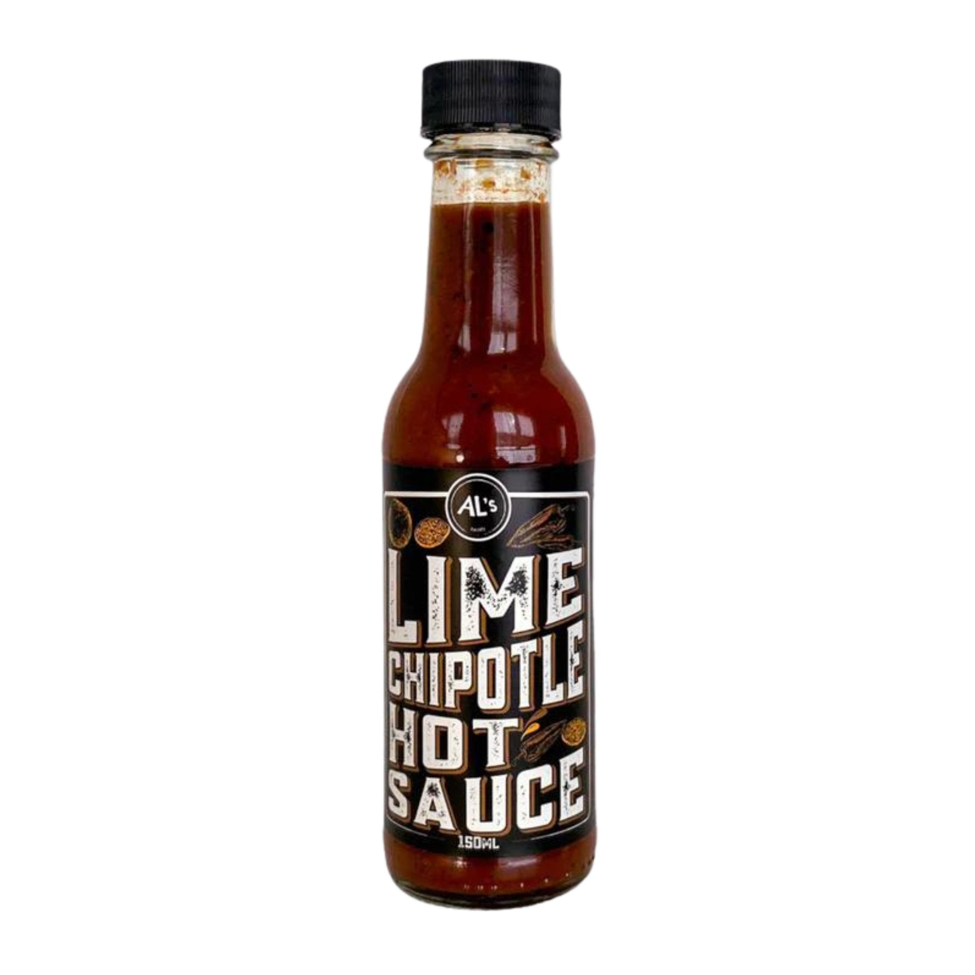 Zesty Lime Chipotle Hot Sauce in 150ml bottle, blending citrus tang and smoky heat for an unforgettable flavor kick.