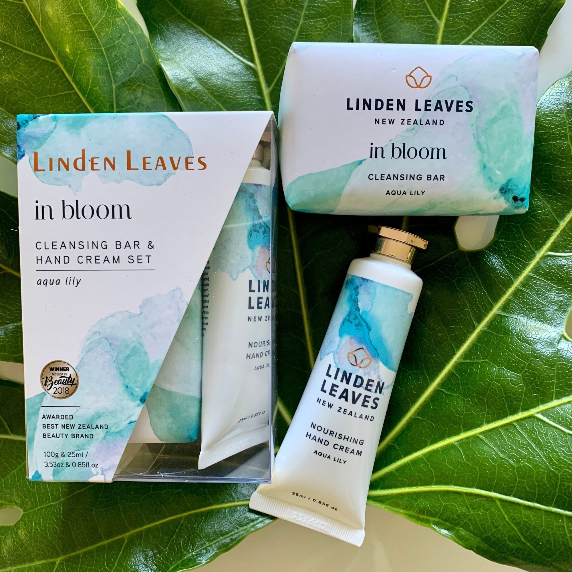 Linden Leaves Aqua Lily Hand Cream & Cleansing Bar Set for hydrating, nourishing hand care and gentle cleansing.