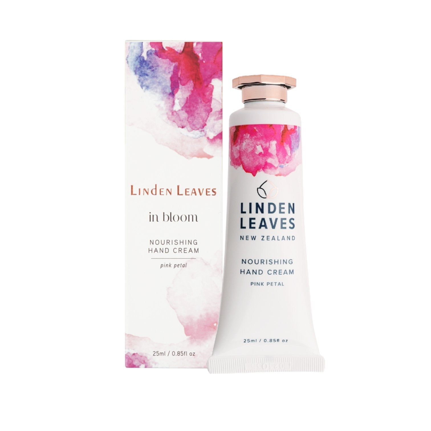 Linden Leaves Pink Petal Hand Cream 25ml, a nourishing, purse-sized moisturizer enriched with cocoa butter and sesame oil.