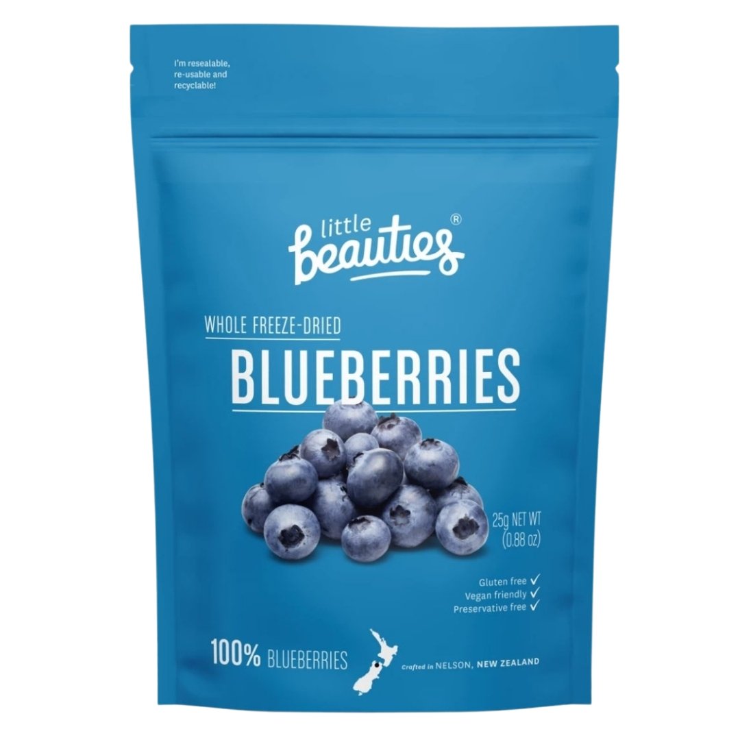 Freeze-dried blueberries from New Zealand, 100% vegan and gluten-free, perfect for snacking or enhancing meals.