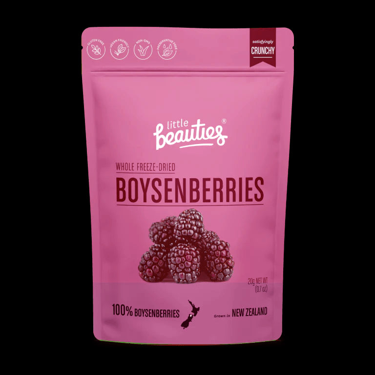Crunchy freeze-dried boysenberries in a 20g pack, gluten-free, no added sugar, perfect for snacks and desserts.