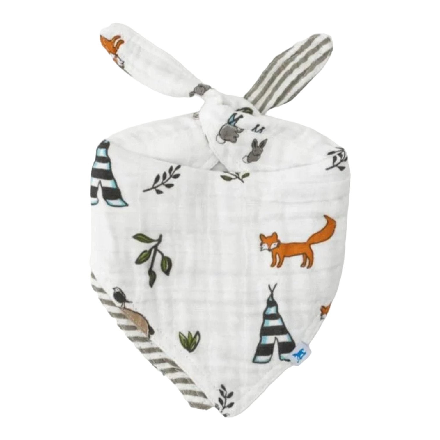 Reversible cotton muslin bandana bib featuring adorable Forest Friends print, designed for comfort and style during meals and play.