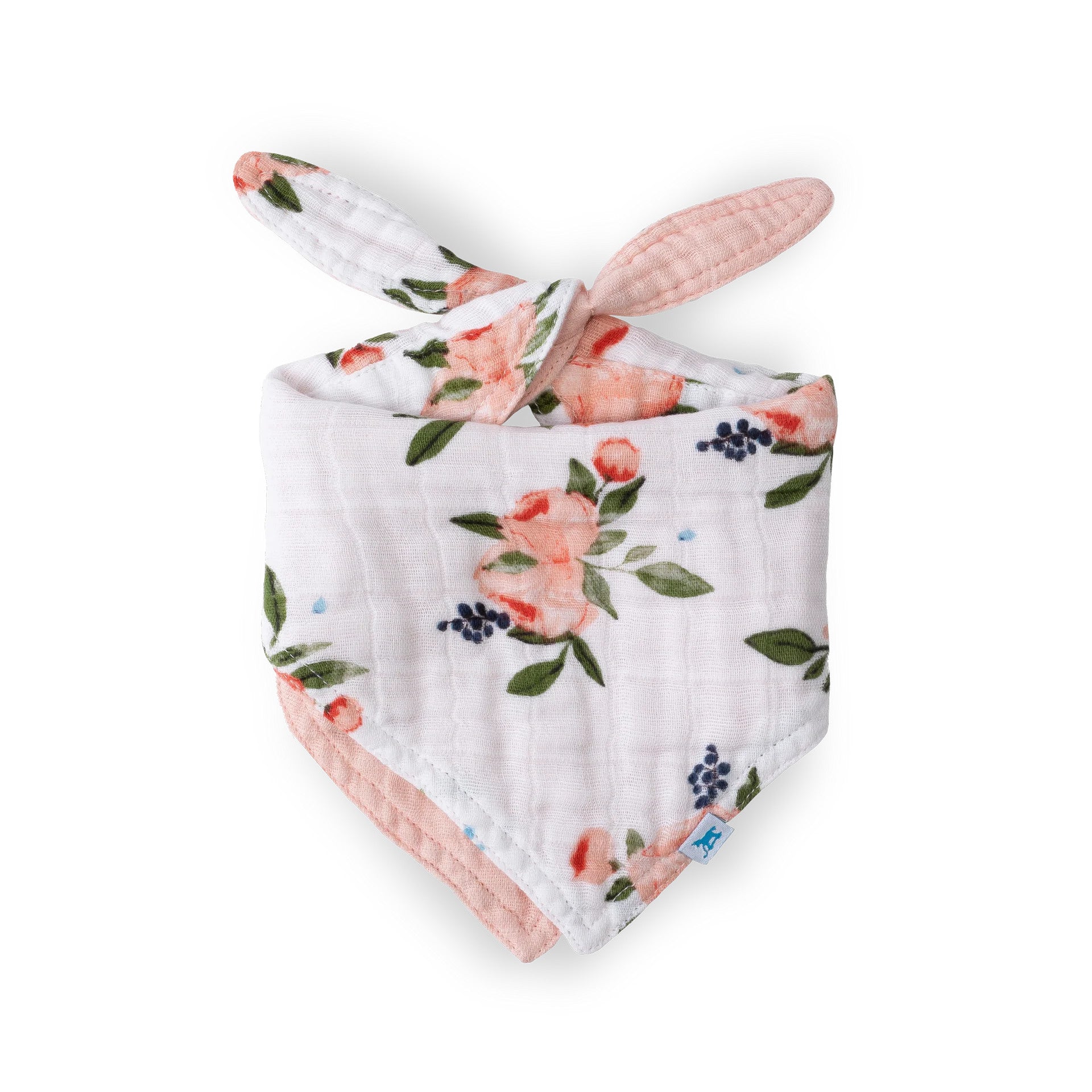 Little Unicorn reversible bandana bib in Watercolour Roses, soft cotton muslin, stylish and absorbent for mealtime comfort.