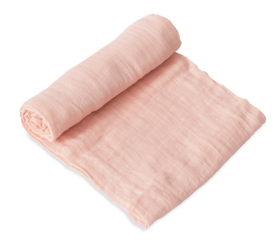 Lightweight cotton muslin swaddle in Rose Petal color, perfect for cozying babies 0-3 months for safer sleep.