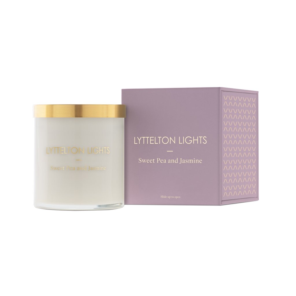 Lyttelton Lights Sweet Pea & Jasmine Candle, eco-friendly soy wax, floral aroma with watermelon and cucumber notes.