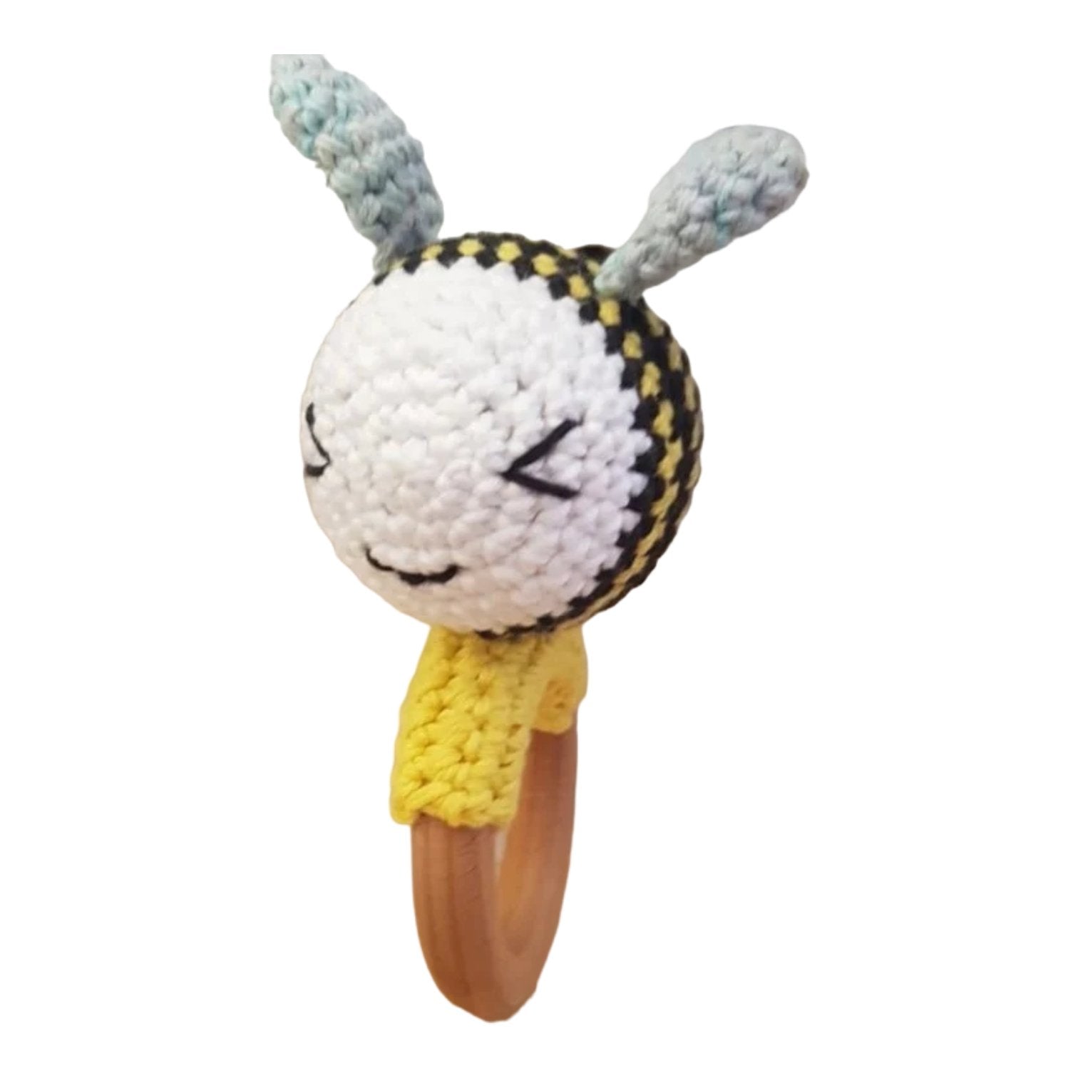 Colorful handmade bee rattle/teether with cotton fabric, fiber fill, and wooden ring for sensory play and teething comfort.