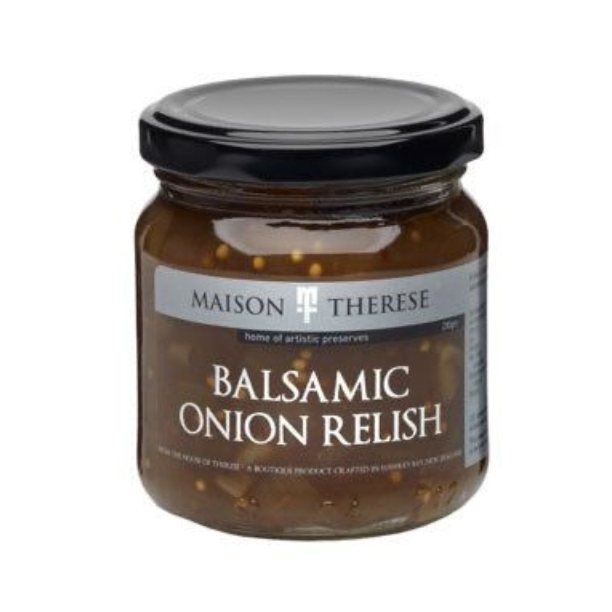 Maison Therese Balsamic Onion Relish in a 210g jar, a gluten-free blend of onions and spices for enhancing various dishes.