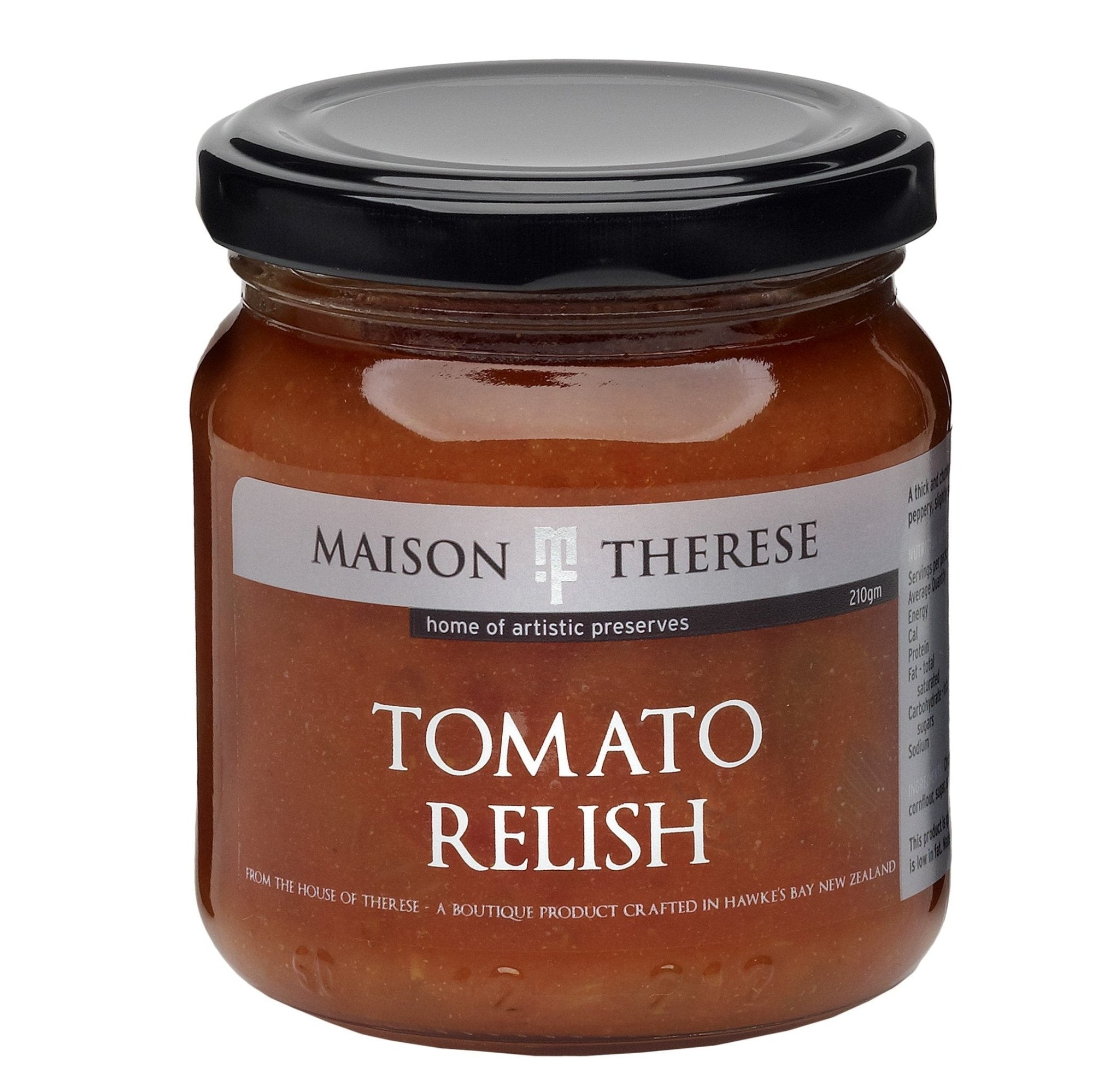 Maison Therese Tomato Relish jar showcasing thick, rich, vegan and gluten-free condiment made from tomatoes and spices.