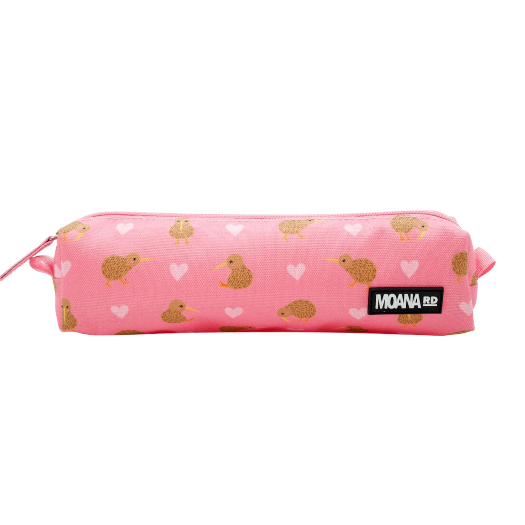 Vibrant Moana Road pencil case featuring hearts and kiwis, ideal for organizing kids' stationery in a fun and eco-friendly way.