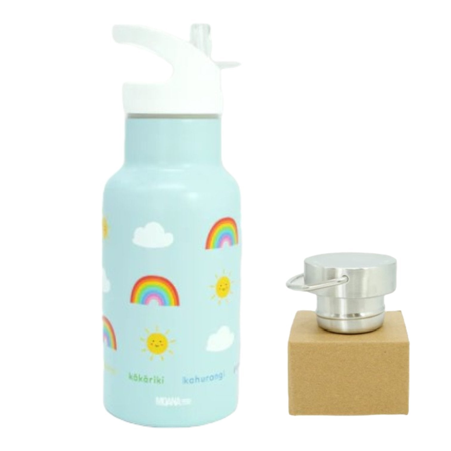 Vibrant rainbow stainless steel kids drink bottle with dual lids, perfect for active kids and eco-friendly hydration.