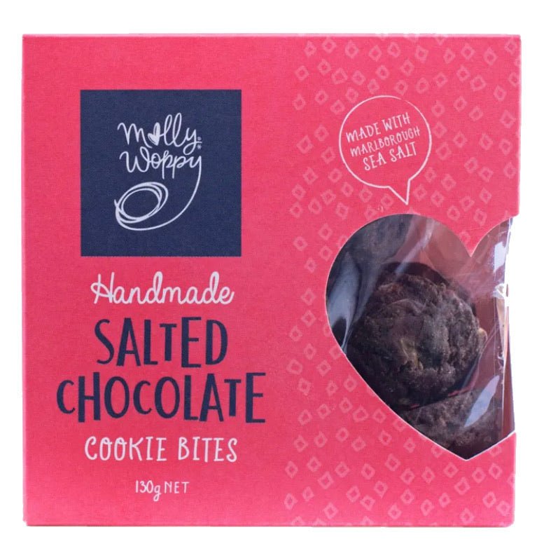 Delicious handmade salted chocolate cookie bites with dark chocolate chunks and a touch of sea salt. Perfect gift or snack!