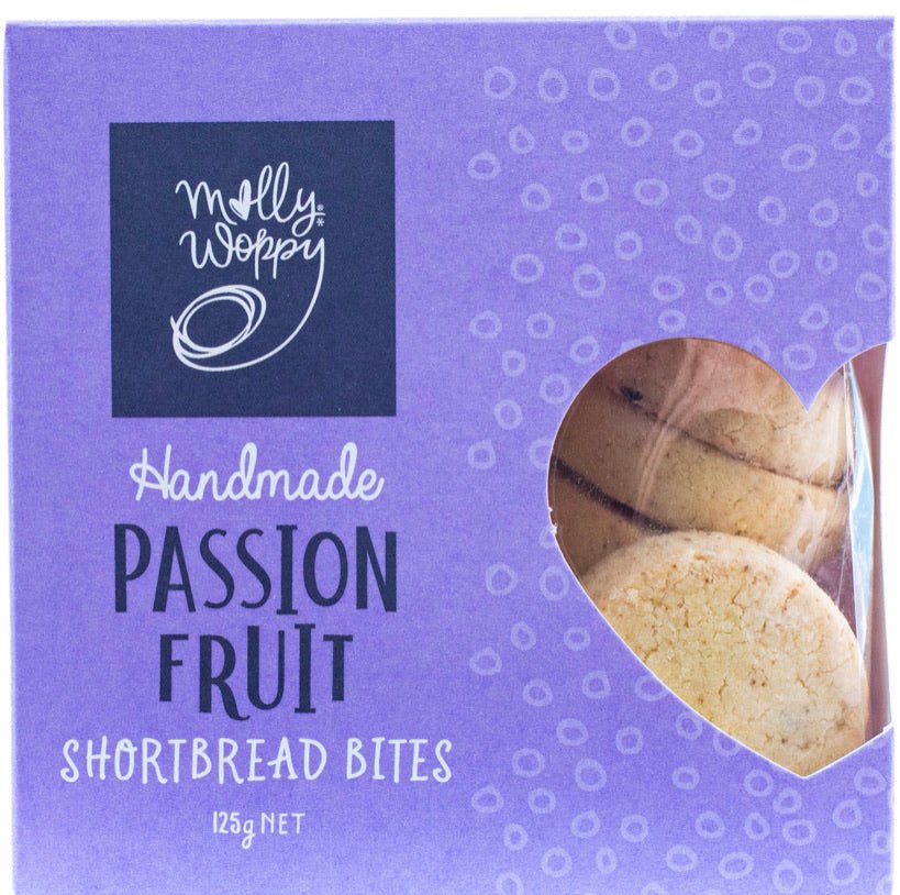 Molly Woppy Passionfruit Shortbread Bites: gourmet, buttery treats with tangy passionfruit flavor, perfect for sharing or gifting.