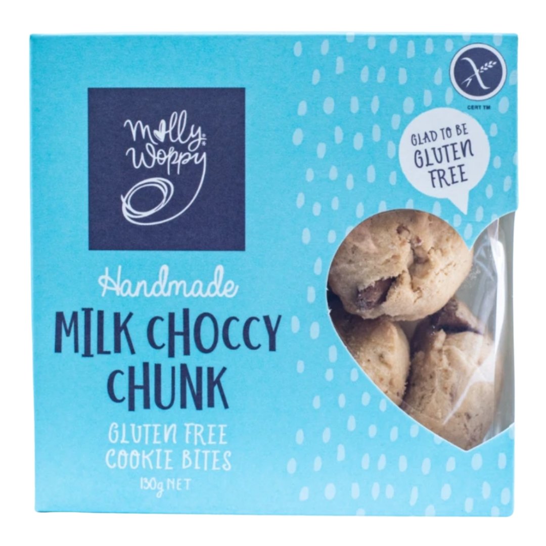 Molly Woppy Milk Choccy Chunk Gluten-Free Cookie Bites filled with rich chocolate, crafted from premium NZ ingredients.