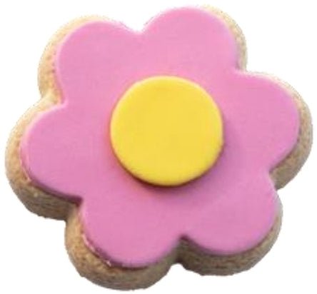 Pink iced Molly Woppy Shortbread Daisy Biscuit, handcrafted treat ideal for gifts, snacks, and special occasions.