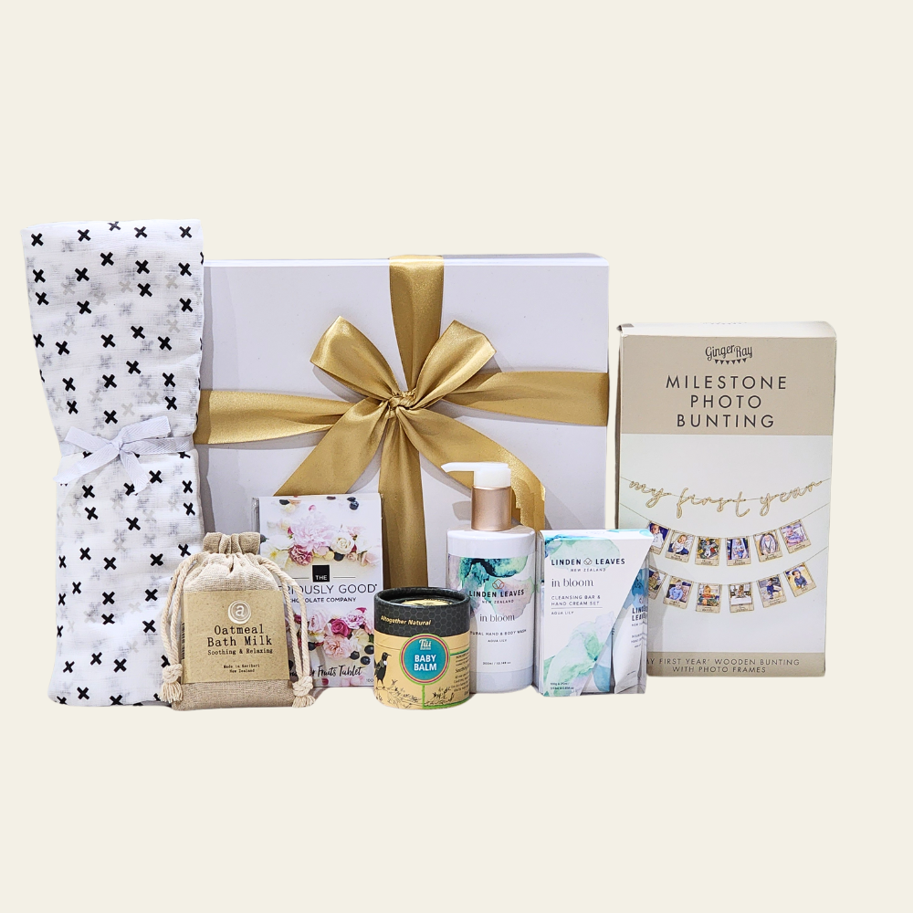 Luxurious gift set for new mums and babies, featuring pampering treats and essential baby items for joyful celebrations.