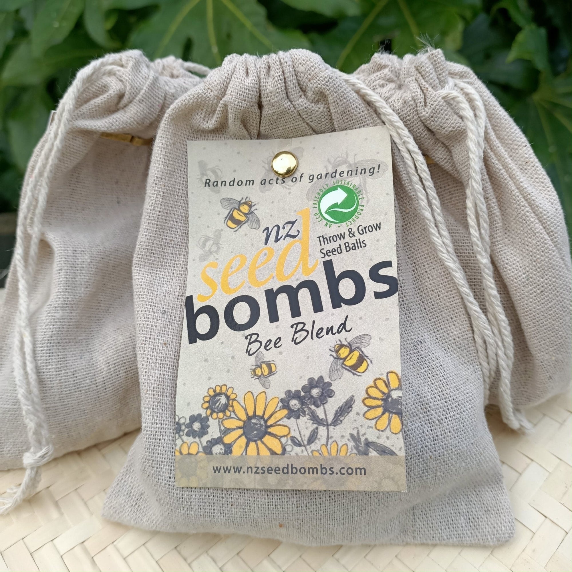 Colorful NZ Seed Bombs - Bee Blend in a muslin bag, designed to attract bees and support pollinators in your garden.