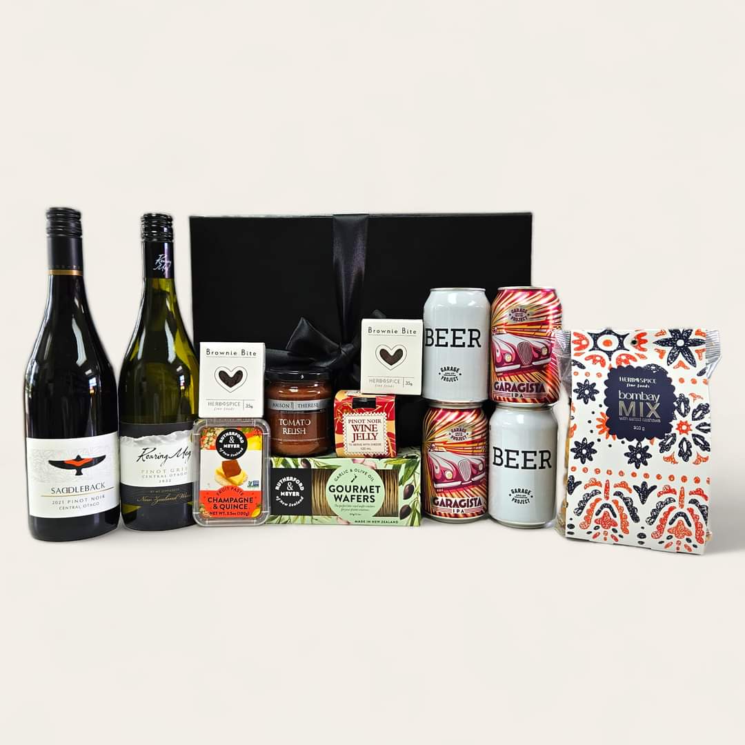 Luxurious Office Shout gift box filled with premium beers, wines, and gourmet treats for memorable corporate gifting.