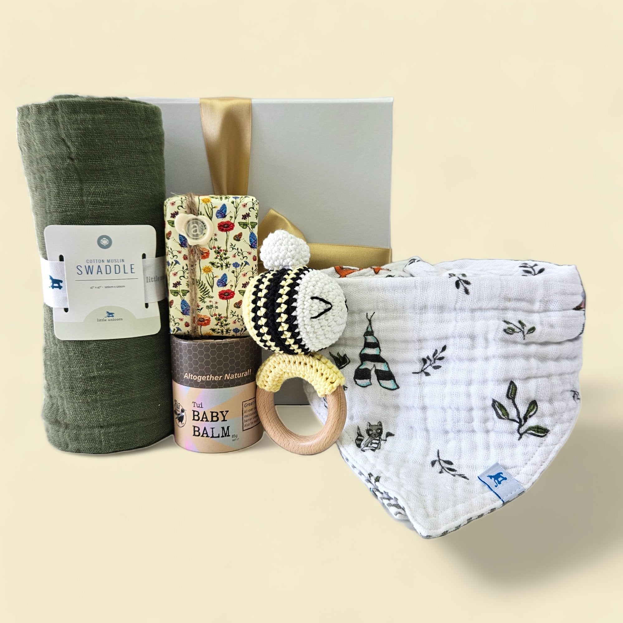 Deluxe 'Oh Baby!' gift box featuring essential baby items for new parents, elegantly packaged for memorable gifting.