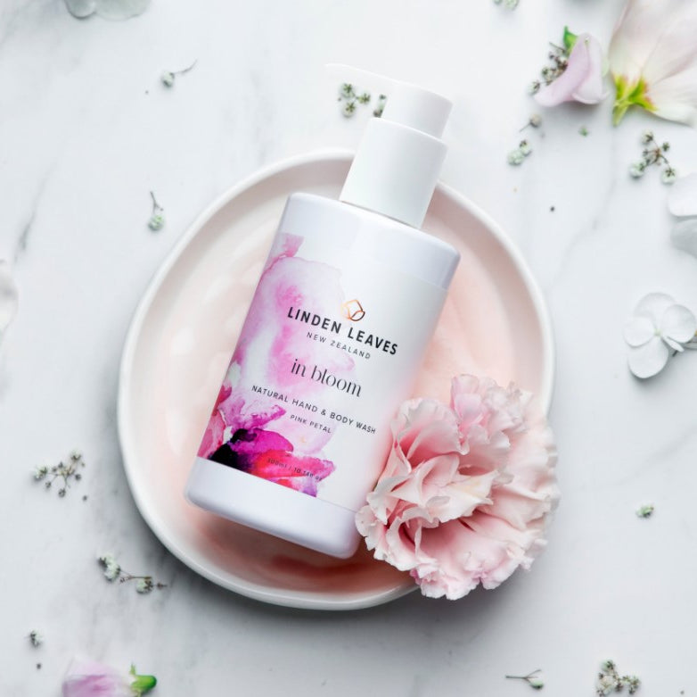 Linden Leaves Pink Petal Hand & Body Wash in a 300ml bottle, featuring a floral scent and hydrating olive oil formula.