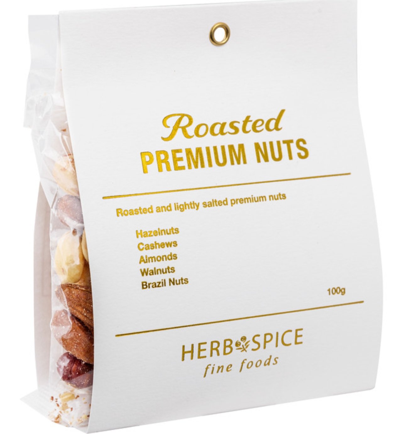 Premium roasted and salted nut mix featuring almonds, cashews, peanuts, walnuts, and pistachios in a 100g bag.