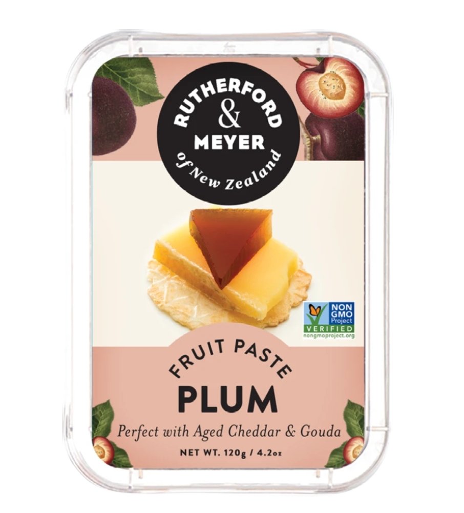 Rutherford & Meyer Plum Fruit Paste in a 120g jar, perfect for pairing with cheeses and enhancing gourmet gift boxes.