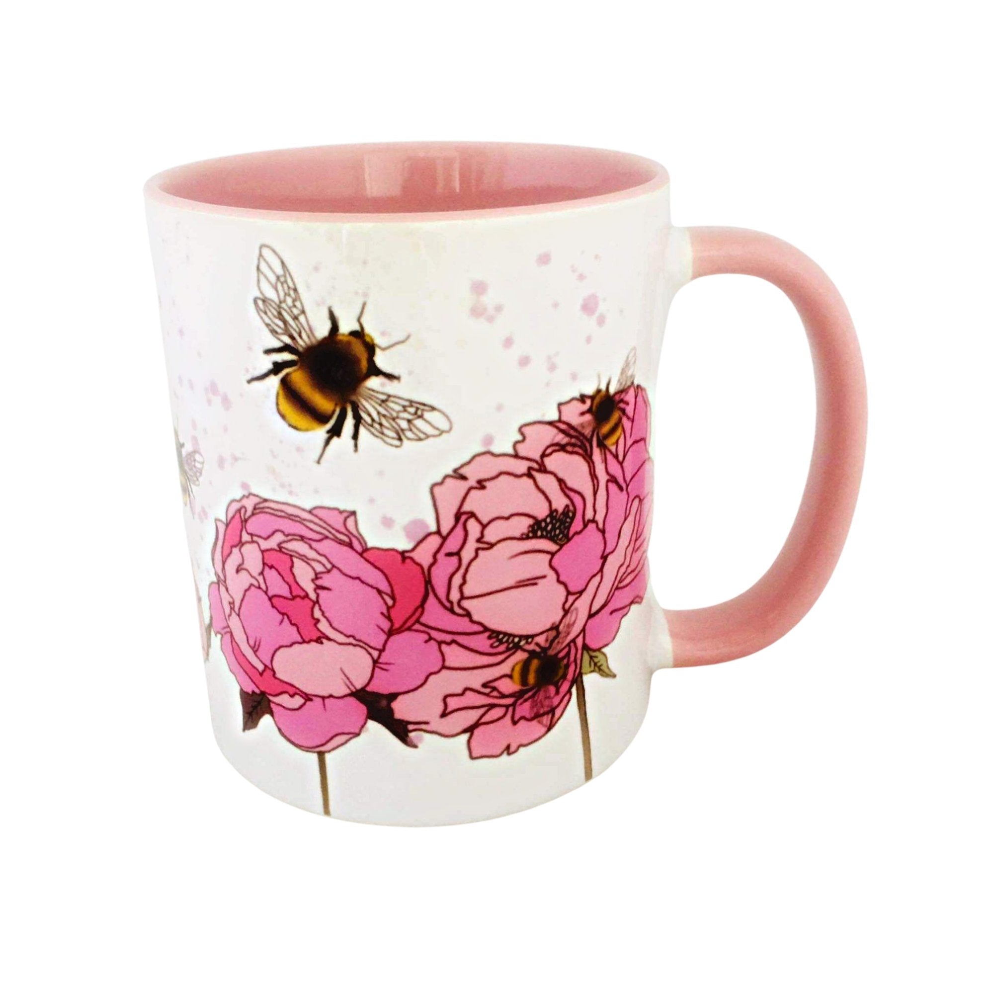 Ceramic mug featuring a vibrant bee and peony design, perfect for coffee or tea, dishwasher and microwave safe.