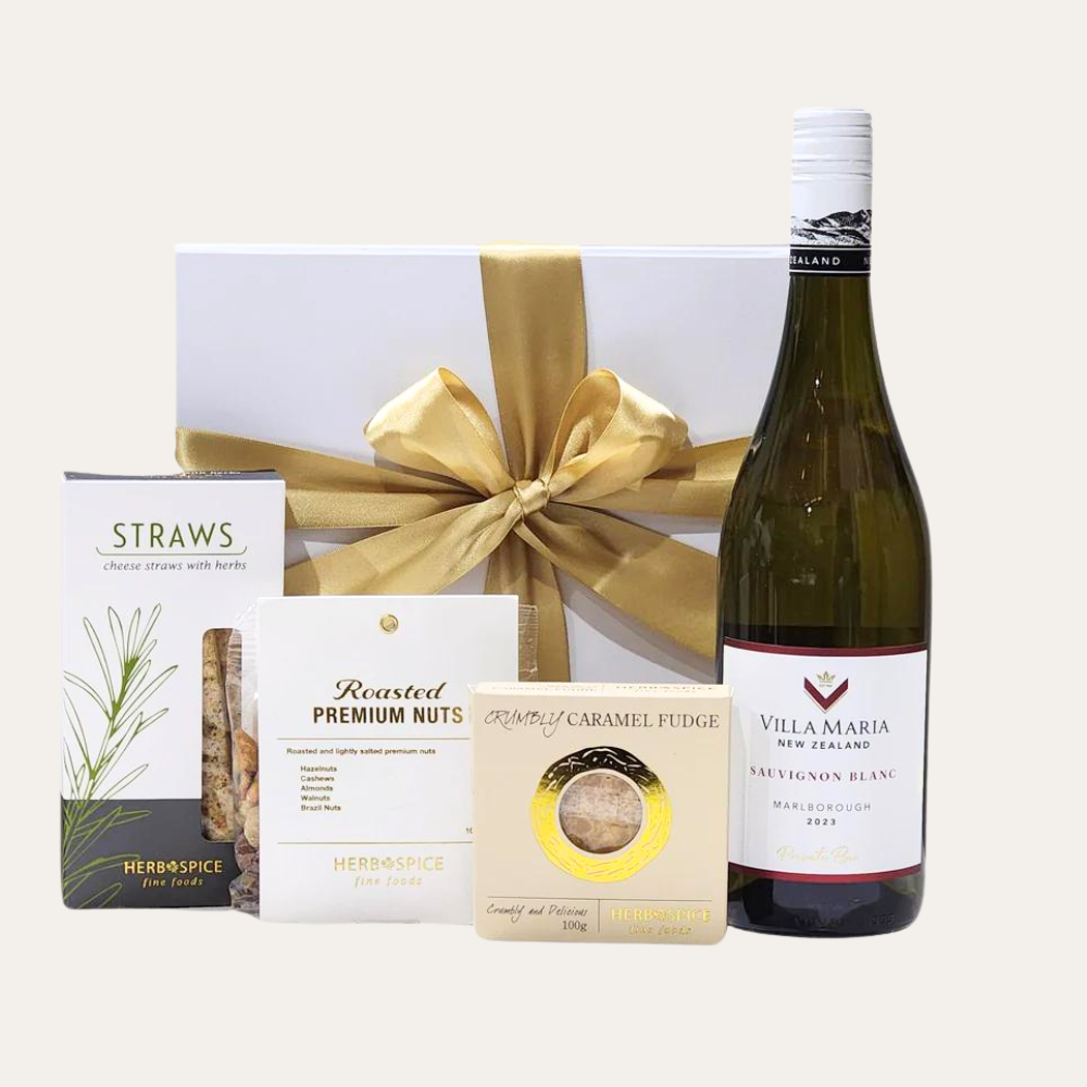 Gift box featuring New Zealand Sauvignon Blanc and gourmet nibbles, elegantly presented for wine lovers' celebrations.