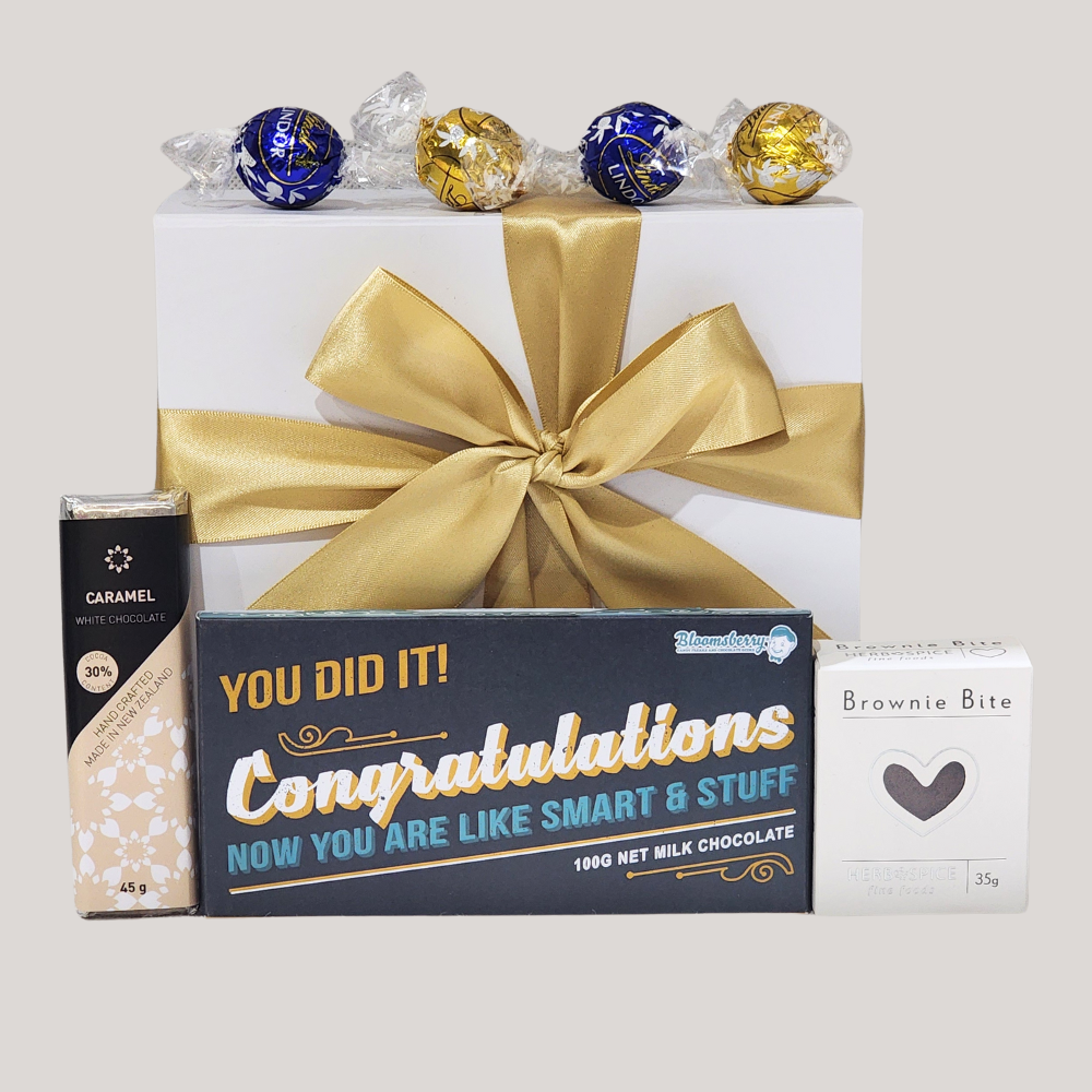 Elegant 'Congratulations Smarty' gift box featuring chocolates and treats, perfect for celebrating milestones like graduations.