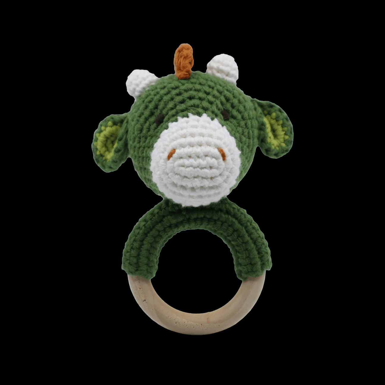 Cute handmade dinosaur rattle in 100% cotton, with a non-toxic design and convenient canvas carry bag.