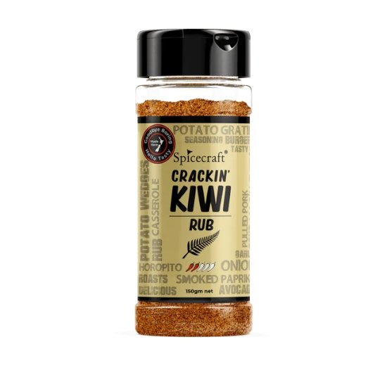Spicecraft Crackin' Kiwi Rub in a 150g shaker, featuring smoked paprika, horopito, and mustard for flavorful cooking.