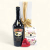 Luxurious gift box featuring Baileys Irish Cream, chocolate heart, summer fruits tablet, elegantly packaged with a ribbon.