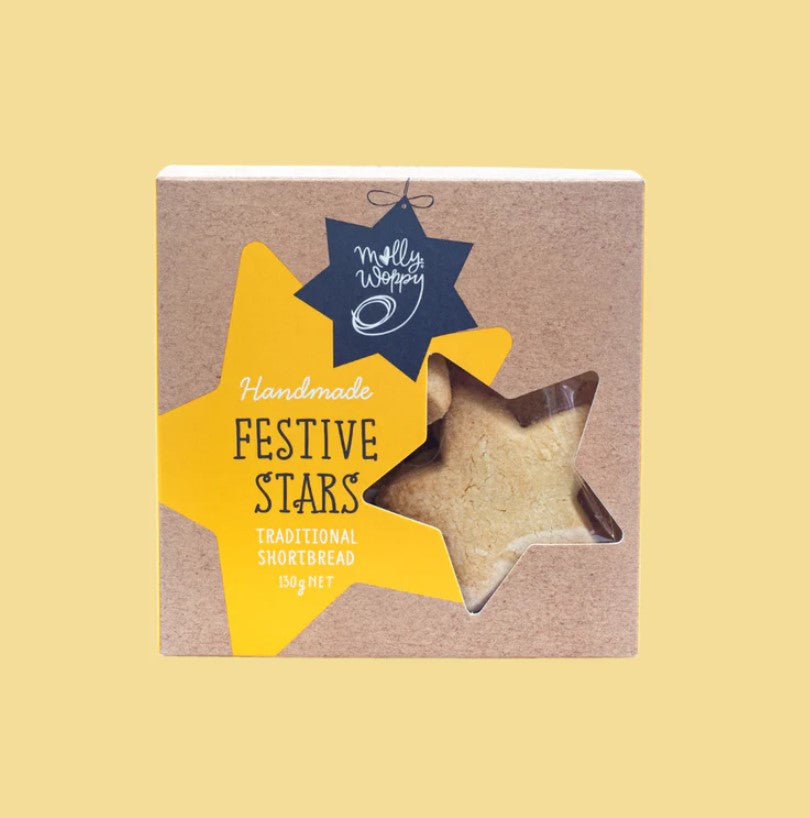 Buttery star-shaped shortbread cookies, beautifully packaged, perfect for festive celebrations and gifting.