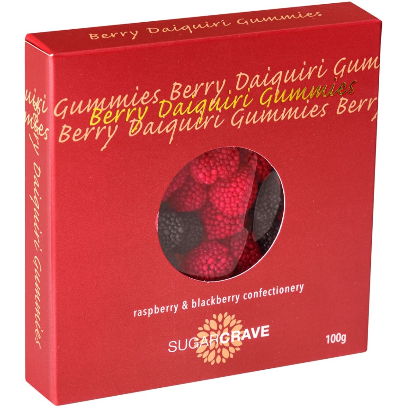 Colorful Sugarcrave Berry Daiquiri Gummies featuring raspberry and blackberry flavors with a crunchy exterior in a 100g pack.