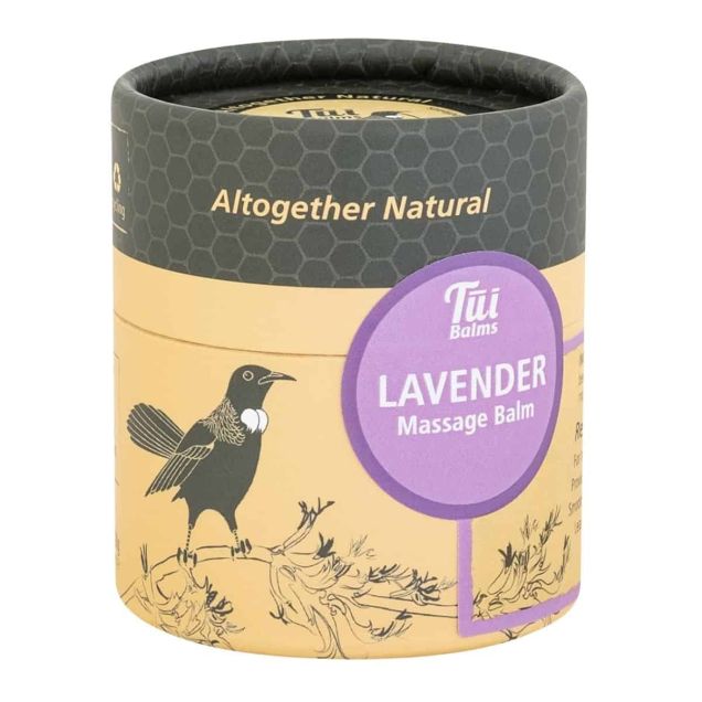 Soothing lavender massage balm in a 100g container, enhances relaxation and treats skin conditions like eczema and sunburn.