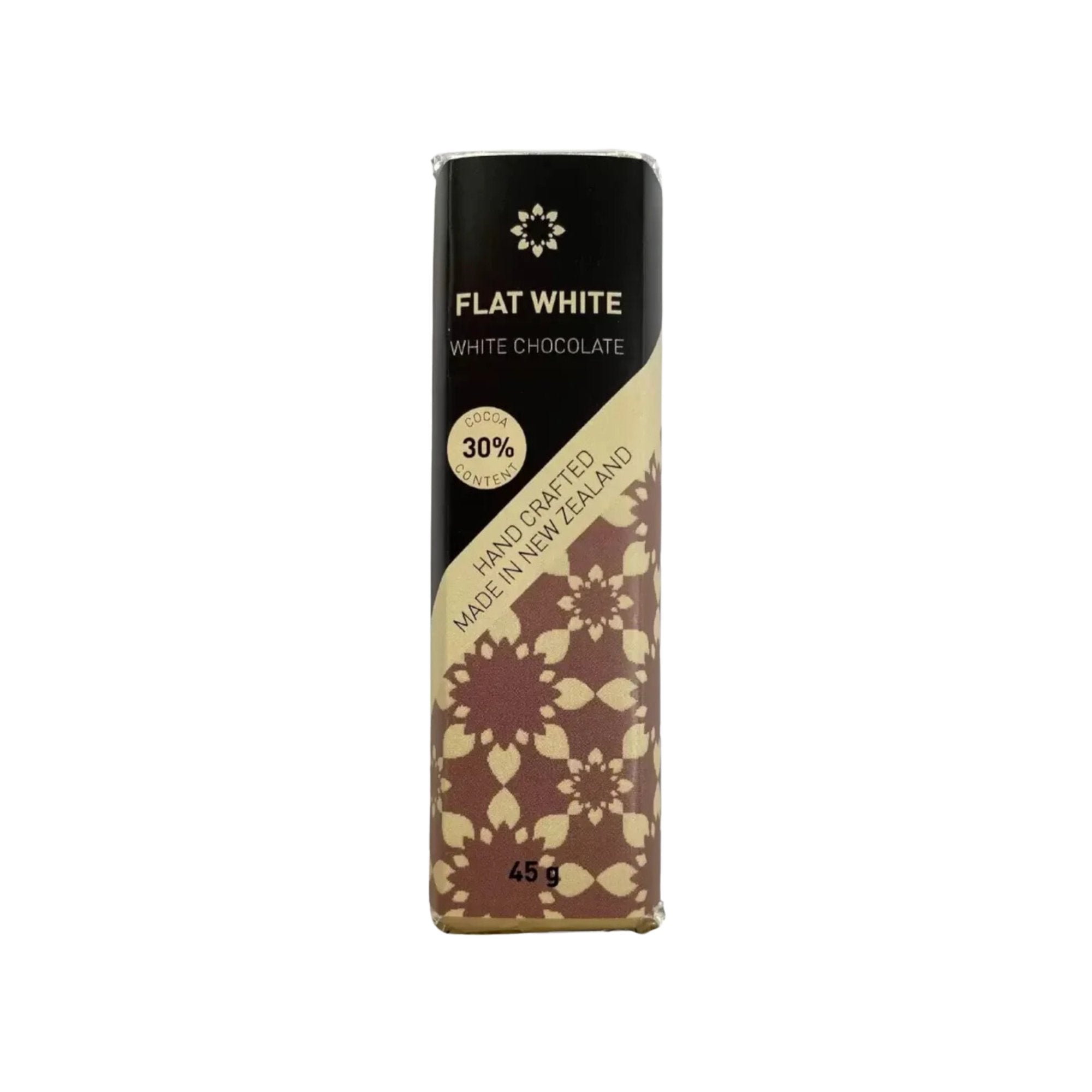 Flat White Chocolate Bar featuring 30% creamy white chocolate and rich espresso, gluten-free indulgence from Christchurch.