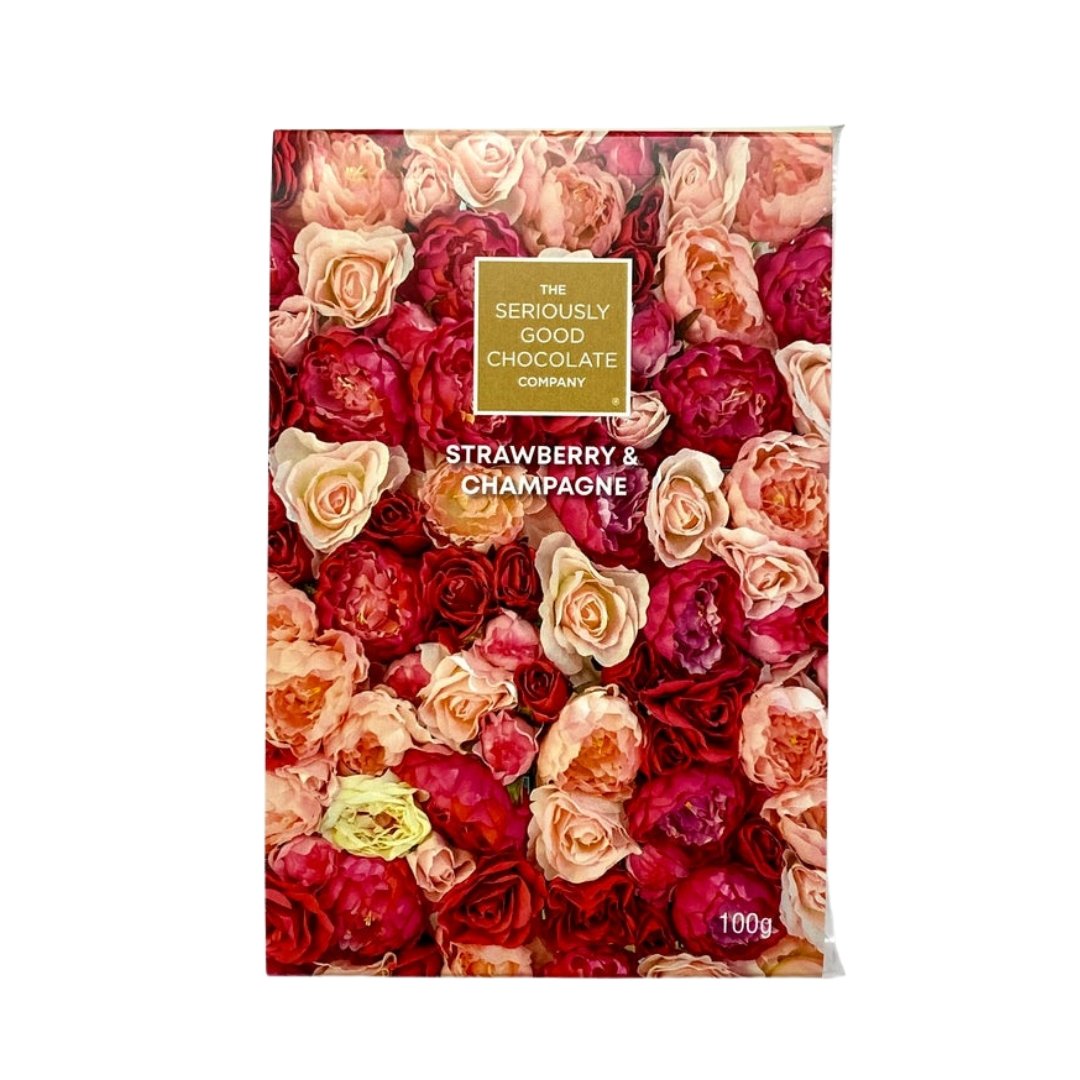 Strawberry and Champagne Chocolate Tablet, 100g, rich milk chocolate with fruity and bubbly flavors, perfect for gifts.