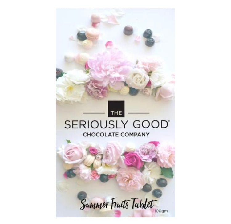 Handcrafted summer fruits chocolate tablet, 100g of rich chocolate delight with vibrant fruit flavors. Perfect for gifts or indulgence.
