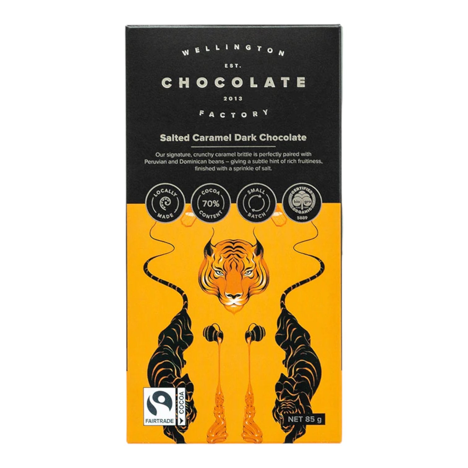 Wellington Chocolate Factory's 85g salted caramel dark chocolate bar with crunchy brittle and sprinkle of salt.