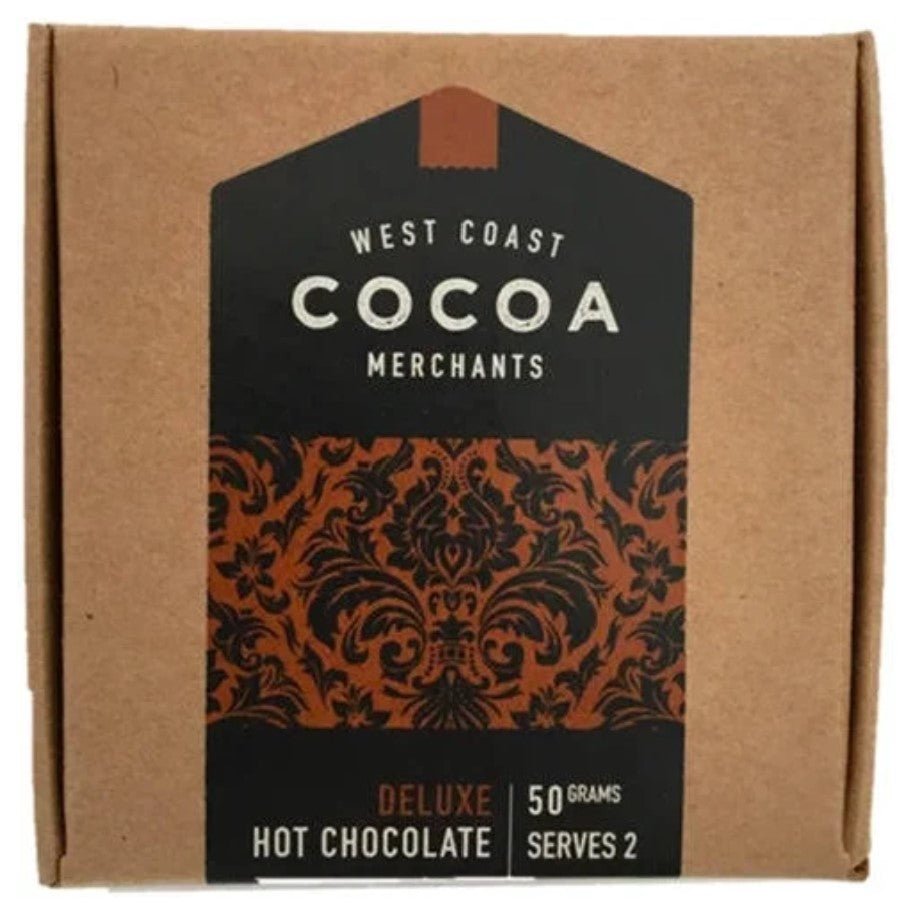 Rich West Coast Cocoa Deluxe Hot Chocolate packet, crafted with premium Dutched cocoa for a luxurious, low-sugar indulgence.